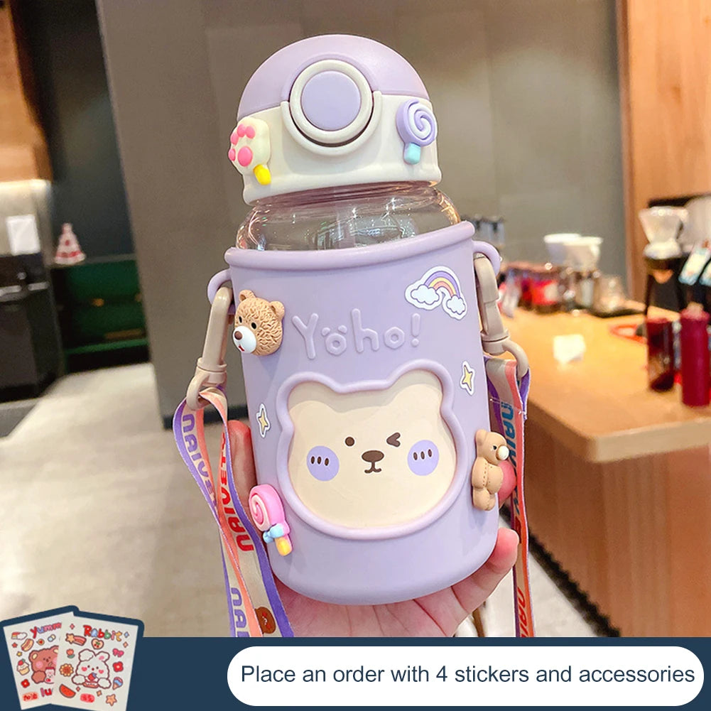 Kawaii Water Bottle Cute Bear Kettle Travel Sport Tumbler Portable Drinking Mug for Child Kids Girl Large Capacity Cartoon Cup