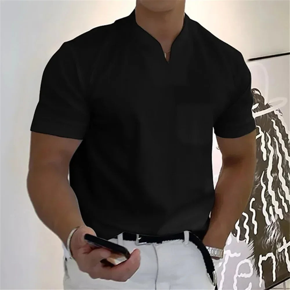 2026 Summer New Men Fashion Trend T-shirt Short Sleeve V-neck Top Elastic Cotton Fitness Sports Loose Large Size Clothing