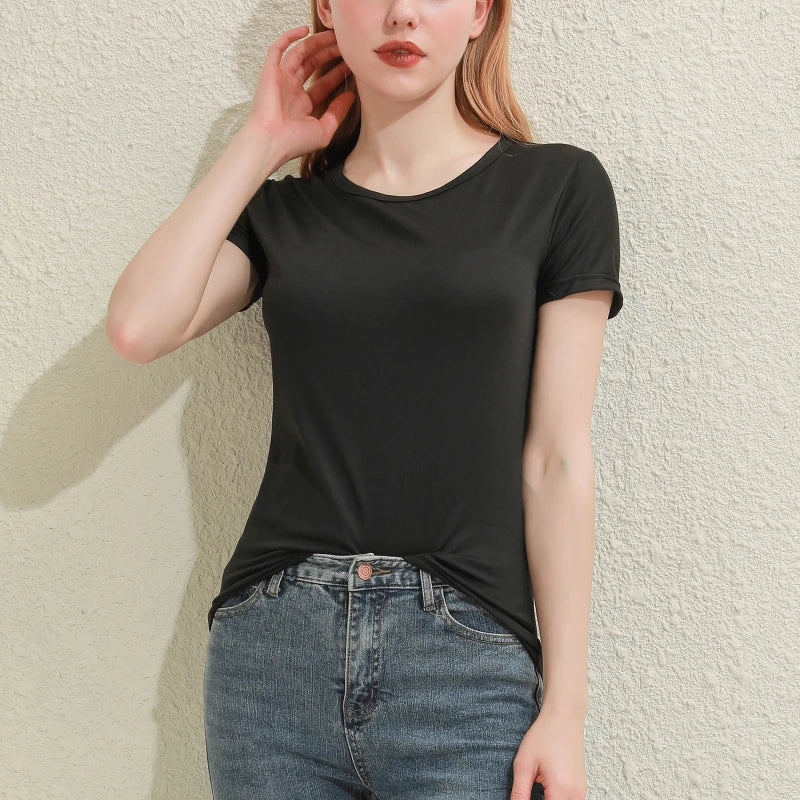 2025 Short T-Shirts Summer Women's Short Sleeve Round Neck Casual Blouse Shirts Solid Color Tops  Black / White