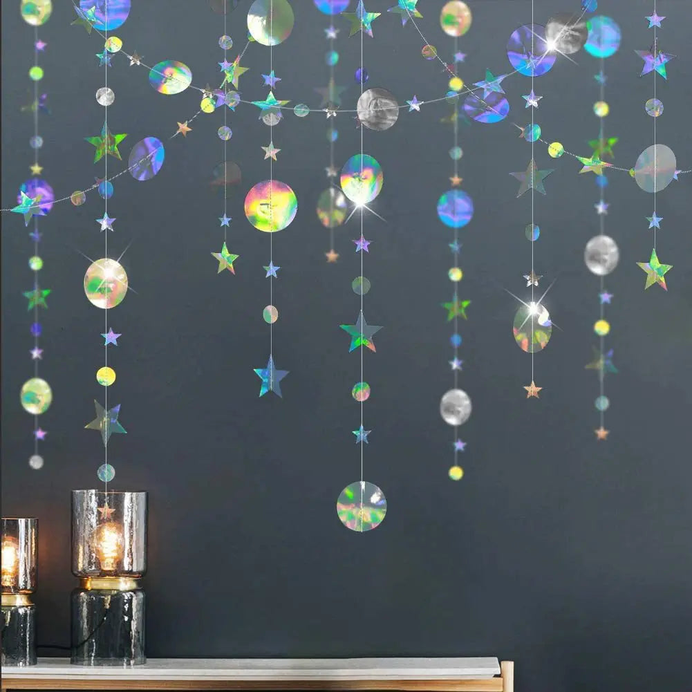 4M Silver Iridescent Paper Garland Star Round String Banners Wedding Birthday Party Home Hanging Decorations Baby Shower Favors