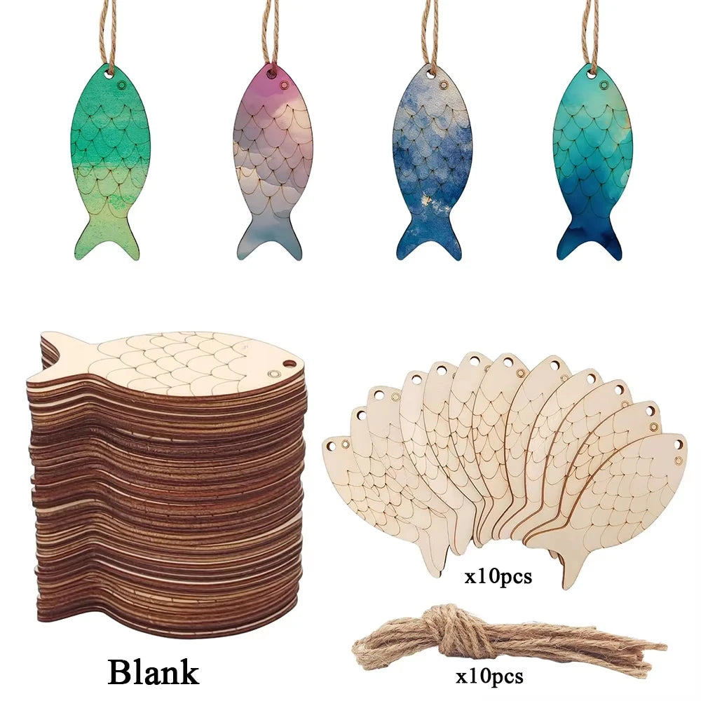 10pcs/set Fish Template Wooden Cutouts Unfinished Wooden Ornaments Blank Wooden Signs Wooden Cutouts with Rope for Home Hanging