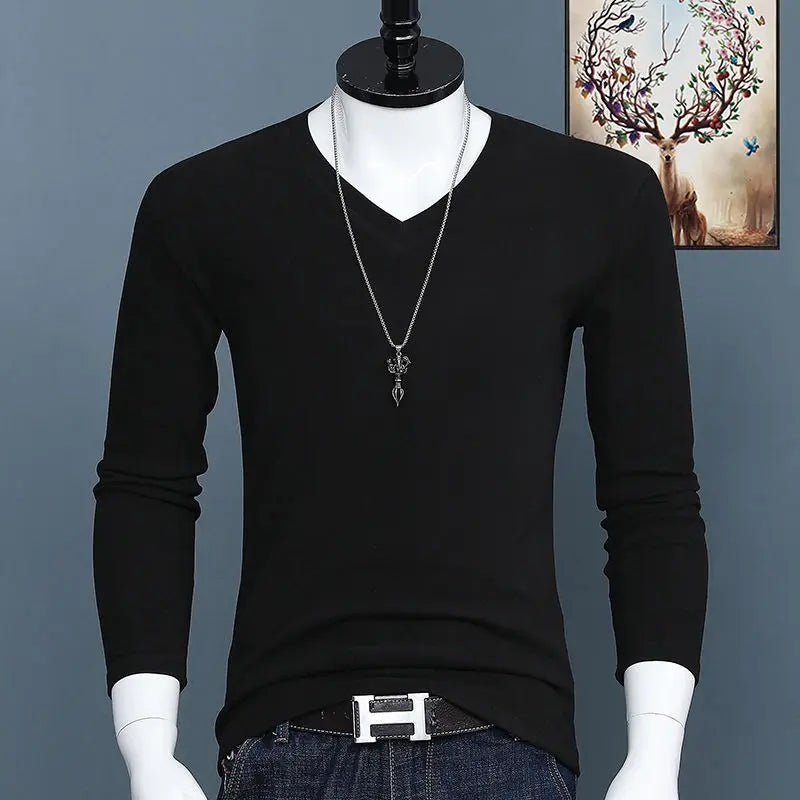 Harajuku Fashion 2023 New Men's V-neck T-shirt Crossfit Pure Color Slim Long Sleeve Tee Classic Oversized Oversized T Shirt