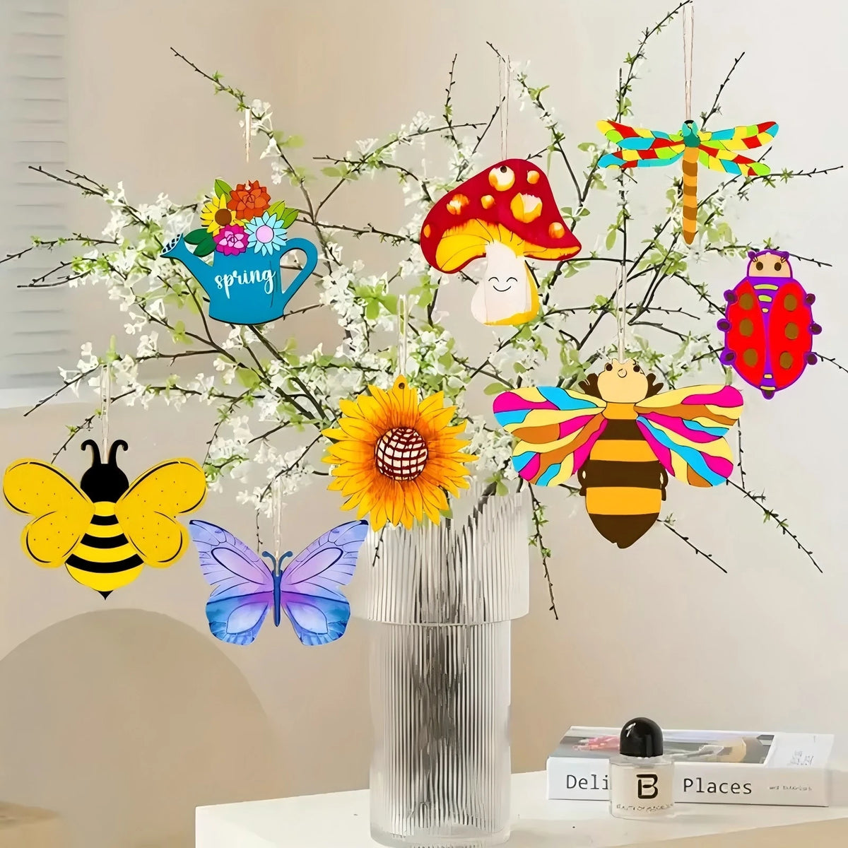 16pcs/set Spring Flower Wooden Ornament Cartoon Unpainted Butterly/Insect/Flower Hanging Crafts for Easter Spring Party Decor