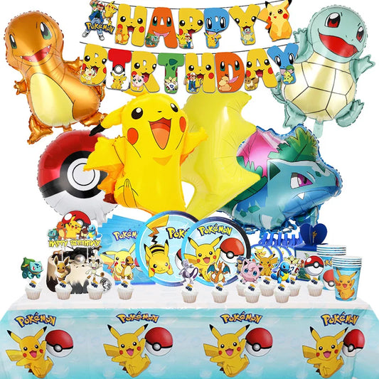 Pokemon Birthday Party Decoration New Ligntning Pikachu Balloon Kid Event Supplies Disposable Tableware Banner Backdrop Plate
