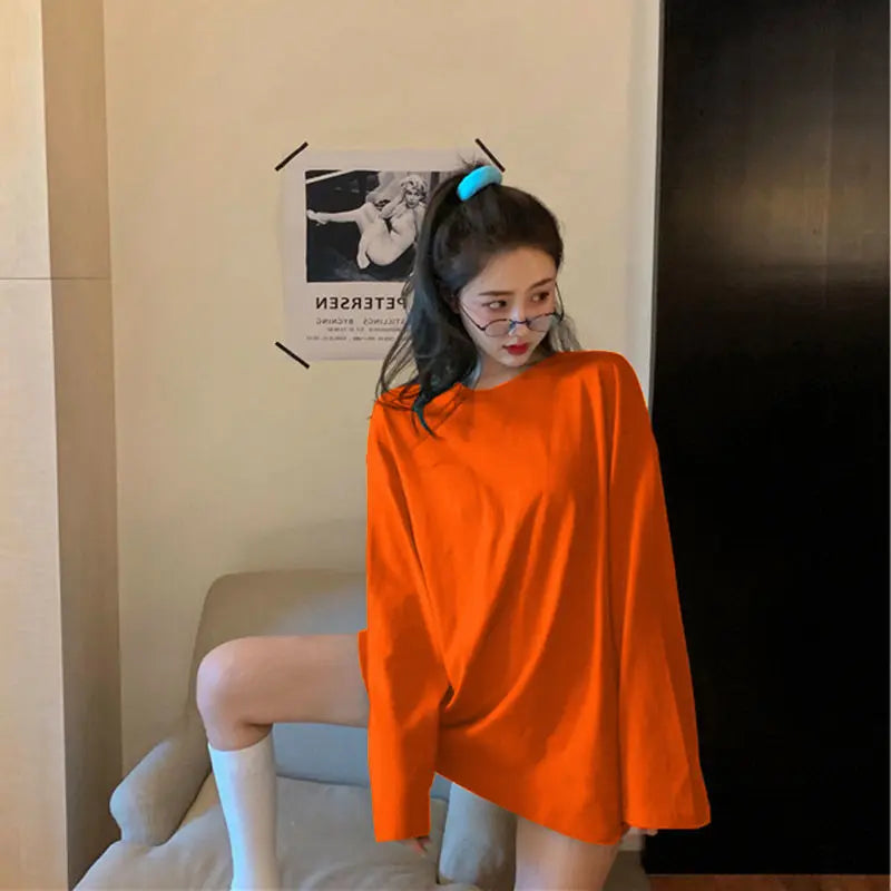 100%cotton Summer Tee T Shirt Women Kawaii T-Shirts Women 2025 Autumn Solid Simple Oversized Tshirt White Long Sleeve Tops