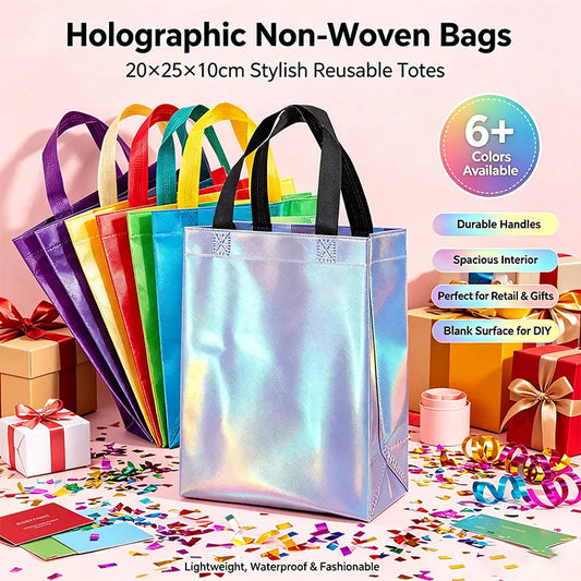 5/10/20PCS Reusable Iridescent Holographic Gift Bags with Handles Medium Size Tote Bags for Birthdays Parties Weddings