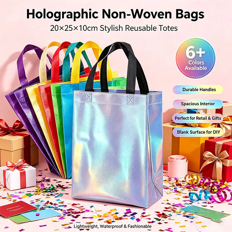 5/10/20PCS Reusable Iridescent Holographic Gift Bags with Handles Medium Size Tote Bags for Birthdays Parties Weddings