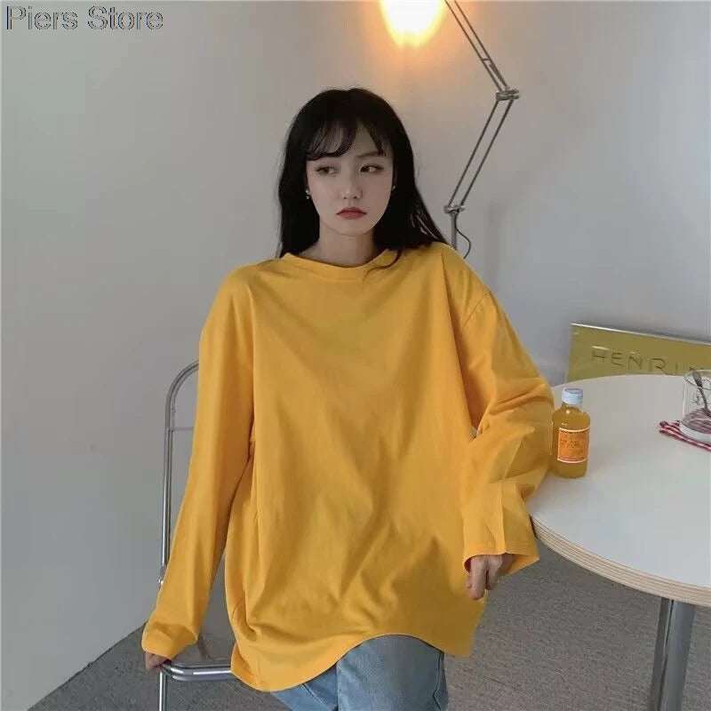 100%cotton Summer Tee T Shirt Women Kawaii T-Shirts Women 2025 Autumn Solid Simple Oversized Tshirt White Long Sleeve Tops