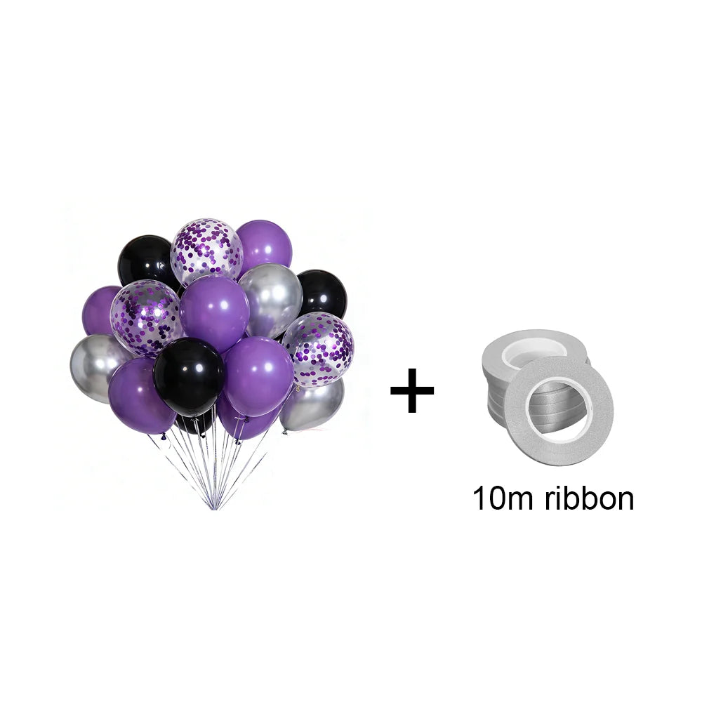 30/60pcs 10inch Purple Black Metal Silver Latex Balloons With Purple Confetti Suitable for Weddings Birthdays Party Gift Ribbon