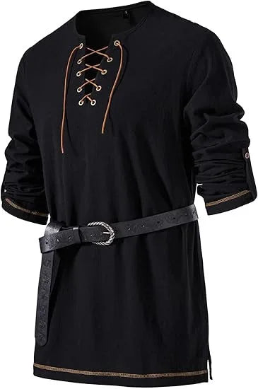 Men's Medieval Lace Up Tunic Shirt Renaissance Viking Pirate Costume Long Sleeve Retro Tops with Belt for Halloween Cosplay