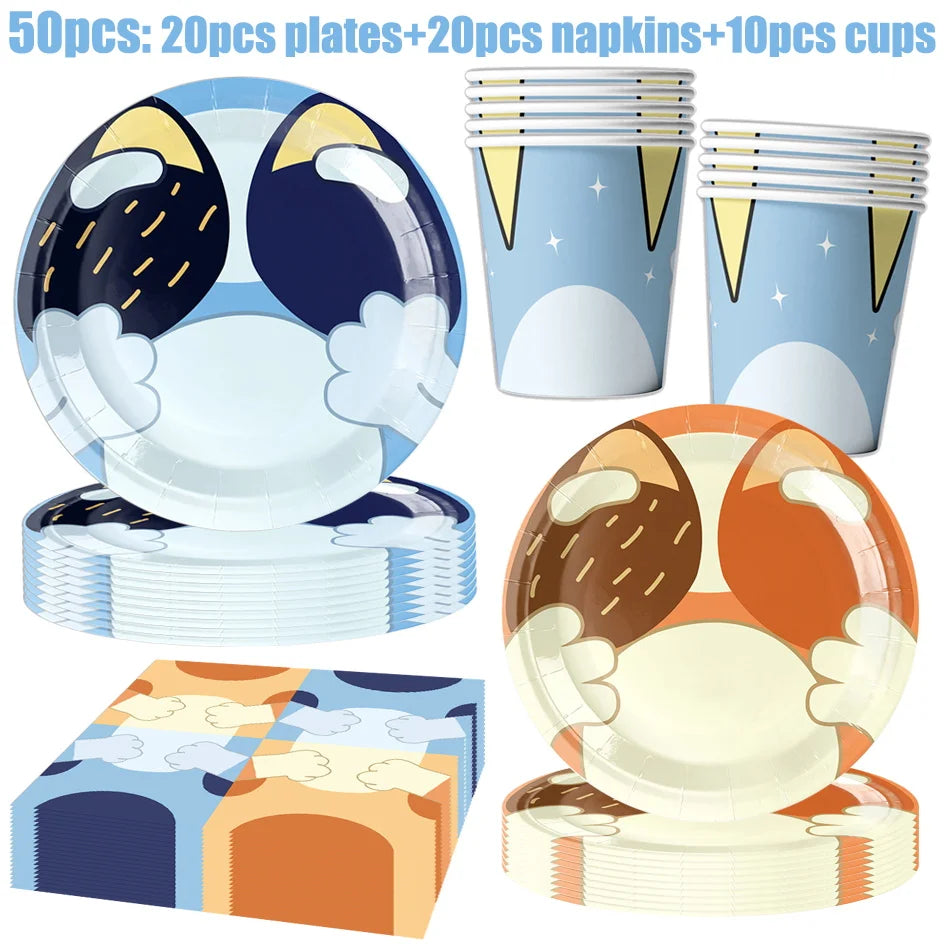 New Cartoon Dogs Birthday Party Decoration Full Set Kit Blue Dog Happy Birthday Plates Napkins Cups Tableware Supplies Kid Favor
