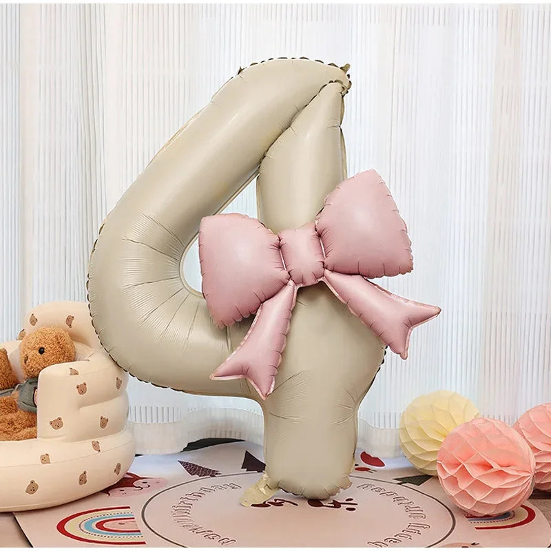 1pc Large Number Pink Foil Balloon With Bow 1 2 3 4 5 6 7 8 9 For Wedding Birthday Party Ballons Jumbo Number Balloon