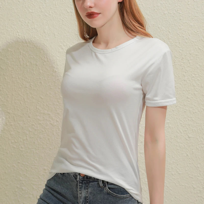 2025 Short T-Shirts Summer Women's Short Sleeve Round Neck Casual Blouse Shirts Solid Color Tops  Black / White