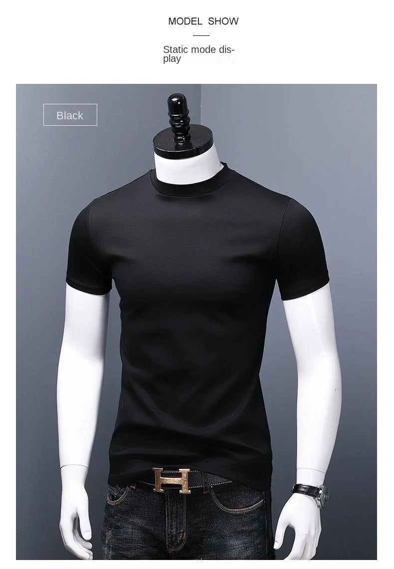 Men's Casual Turtleneck T-Shirts Short Sleeve Solid Slim Fit Silk High Neck Tops Inner Wear Trendy Round Neck Base Layer Shirt