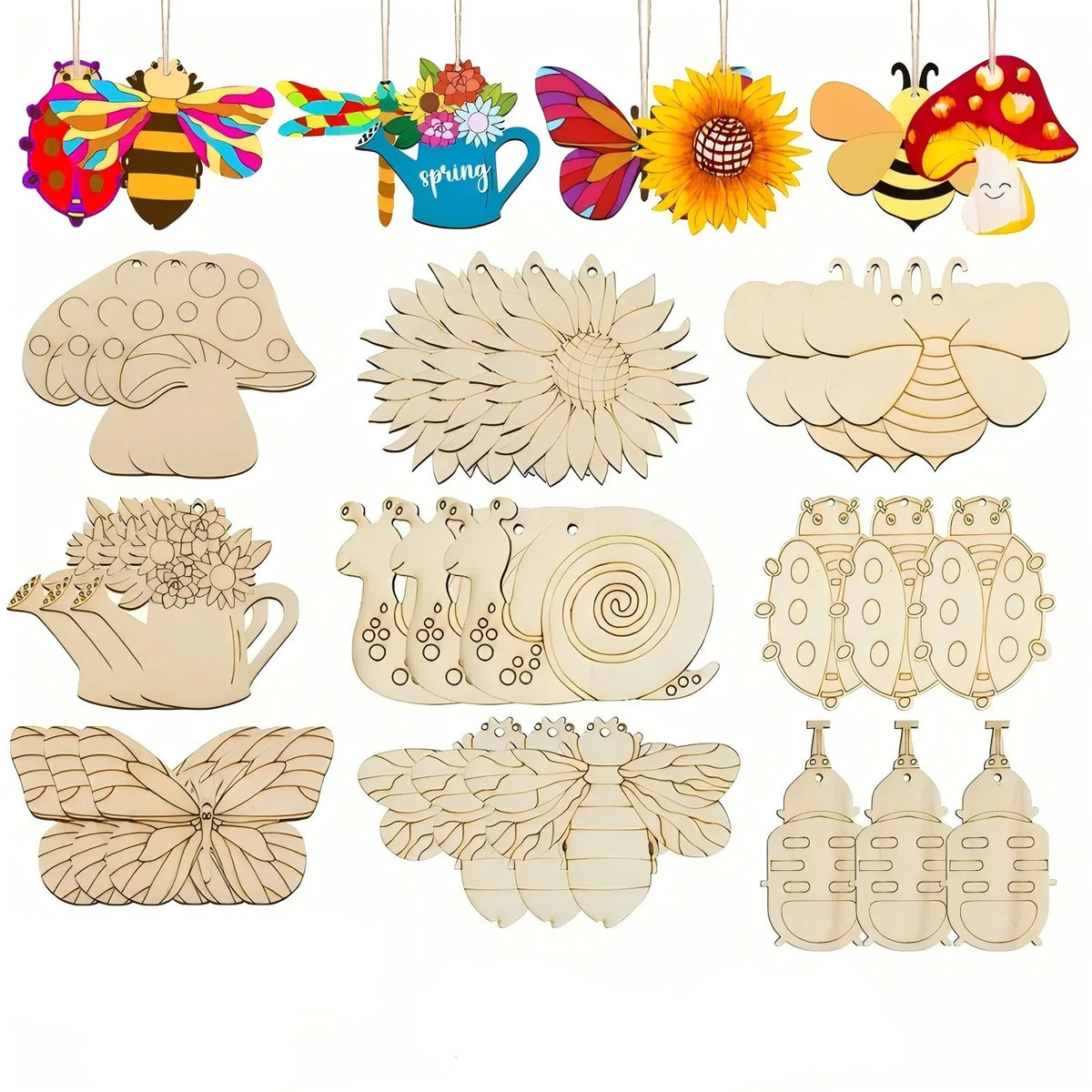 16pcs/set Spring Flower Wooden Ornament Cartoon Unpainted Butterly/Insect/Flower Hanging Crafts for Easter Spring Party Decor