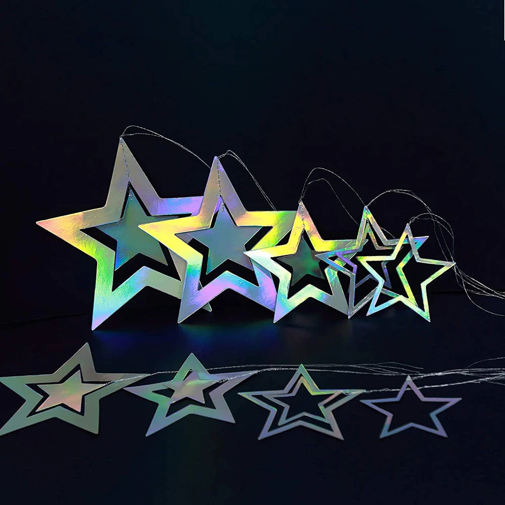 4M Silver Iridescent Paper Garland Star Round String Banners Wedding Birthday Party Home Hanging Decorations Baby Shower Favors