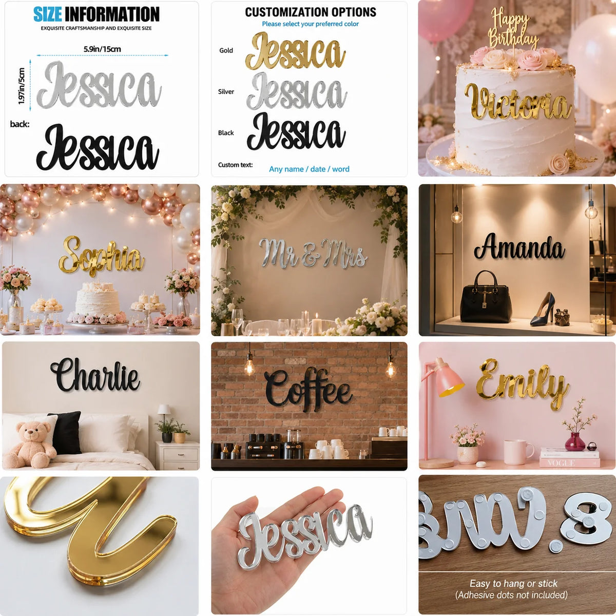 Custom Acrylic Name Sign Personalized Mirror Letter Plaque for Wedding Party Table Decor Baby Shower Gift Birthday, Home Decor
