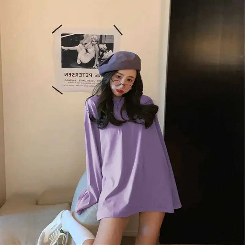 100%cotton Summer Tee T Shirt Women Kawaii T-Shirts Women 2025 Autumn Solid Simple Oversized Tshirt White Long Sleeve Tops