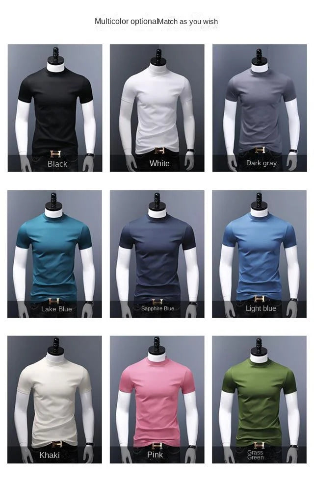 Men's Casual Turtleneck T-Shirts Short Sleeve Solid Slim Fit Silk High Neck Tops Inner Wear Trendy Round Neck Base Layer Shirt