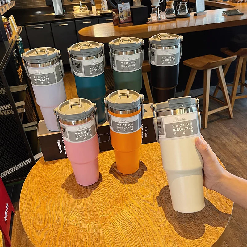 30oz Thermal Cup Stainless Steel Water Bottle with Straw Leakproof Car Tumbler Vacuum Insulated Flask for Outdoor Sports Gym