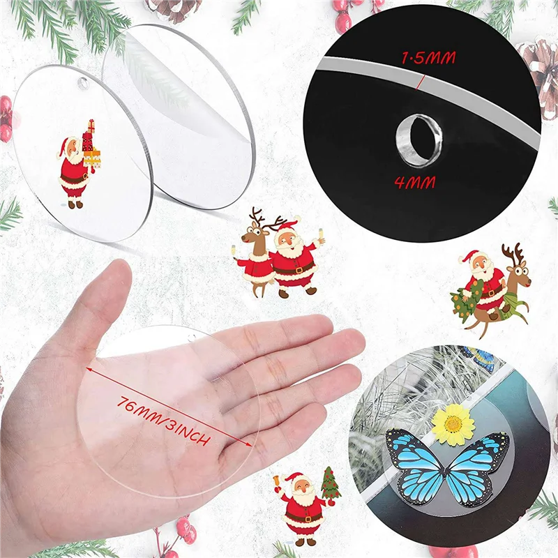 ABYN-100 Pcs 3 Inch Acrylic Blanks With Hole Transparent Circle Ornament Clear Round Acrylic Christmas Ornament Blanks