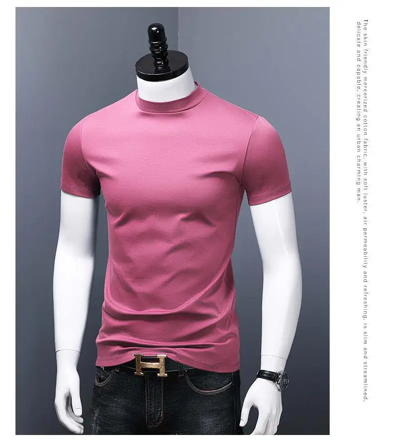 Men's Casual Turtleneck T-Shirts Short Sleeve Solid Slim Fit Silk High Neck Tops Inner Wear Trendy Round Neck Base Layer Shirt