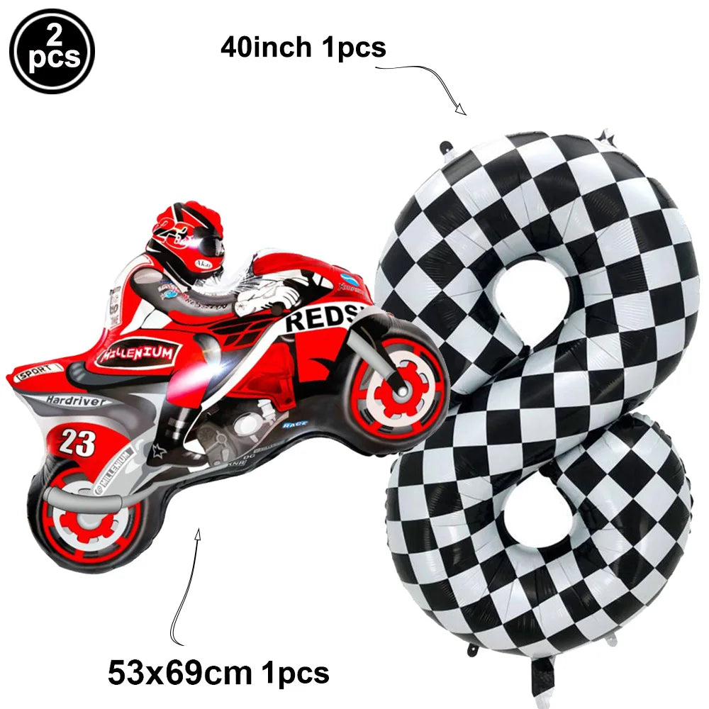 2Pcs Motorcycle Balloon Dirt Bike Foil Balloon Black and White Checkered Number Ballons Motorbike Birthday Racing Party Supplies