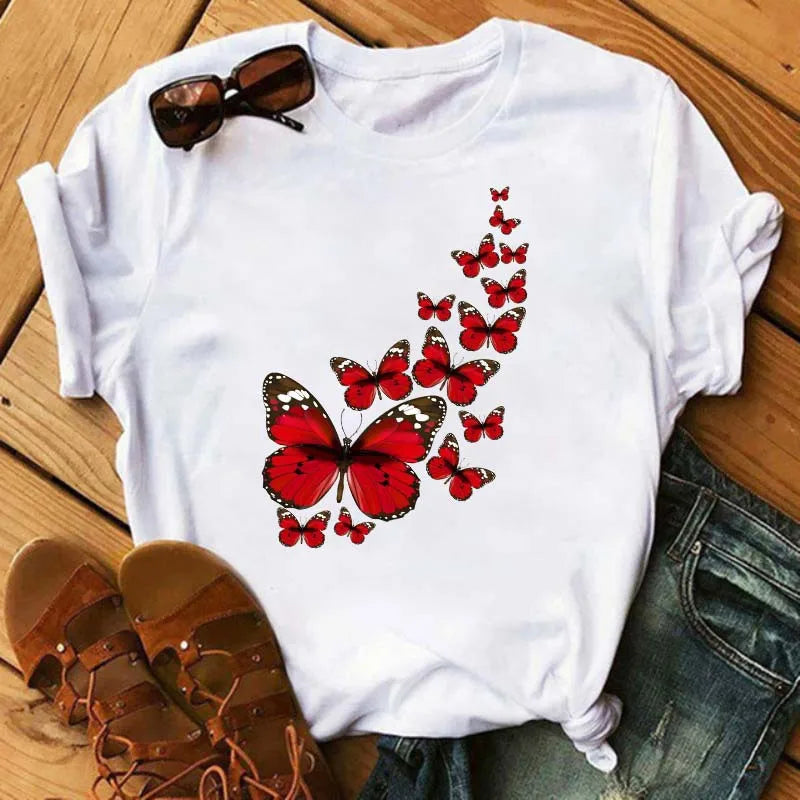 Women's Simple T-shirt Half Sleeve Colorful Flower Butterfly Art Feather Print Short Sleeve T-shirt Tops  Oversized T Shirt