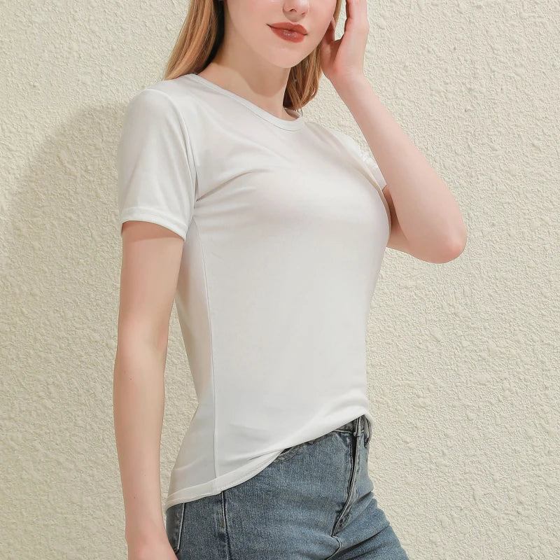 2025 Short T-Shirts Summer Women's Short Sleeve Round Neck Casual Blouse Shirts Solid Color Tops  Black / White