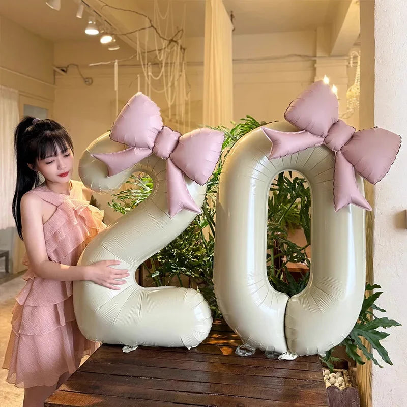 1pc Large Number Pink Foil Balloon With Bow 1 2 3 4 5 6 7 8 9 For Wedding Birthday Party Ballons Jumbo Number Balloon