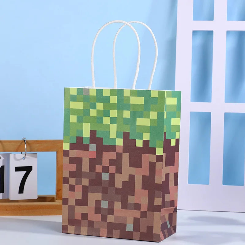 NEW Minecraft Themed Steve Creeper Lawn Handles Kraft Paper Gift Bags Birthday Party Goodie Treat Bags Pixel Game Party Supplies
