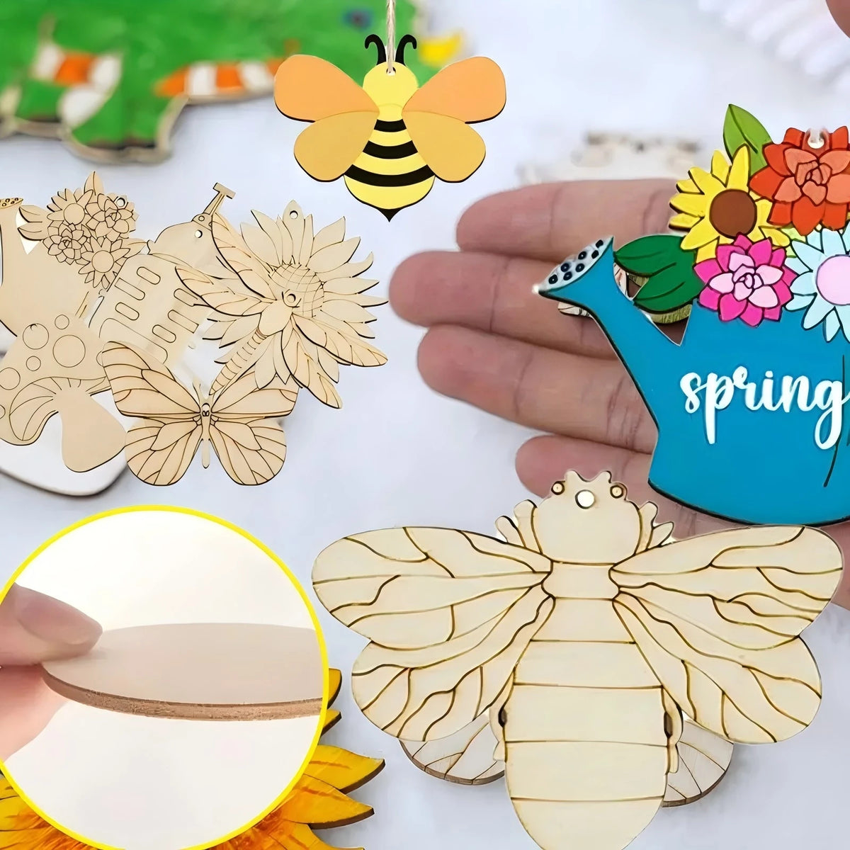 16pcs/set Spring Flower Wooden Ornament Cartoon Unpainted Butterly/Insect/Flower Hanging Crafts for Easter Spring Party Decor