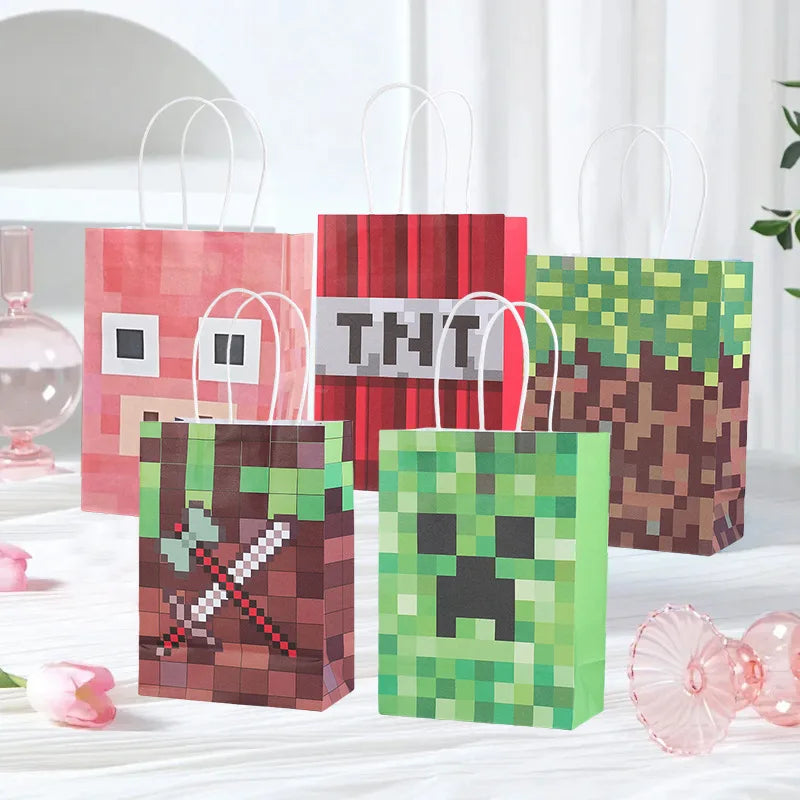 NEW Minecraft Themed Steve Creeper Lawn Handles Kraft Paper Gift Bags Birthday Party Goodie Treat Bags Pixel Game Party Supplies