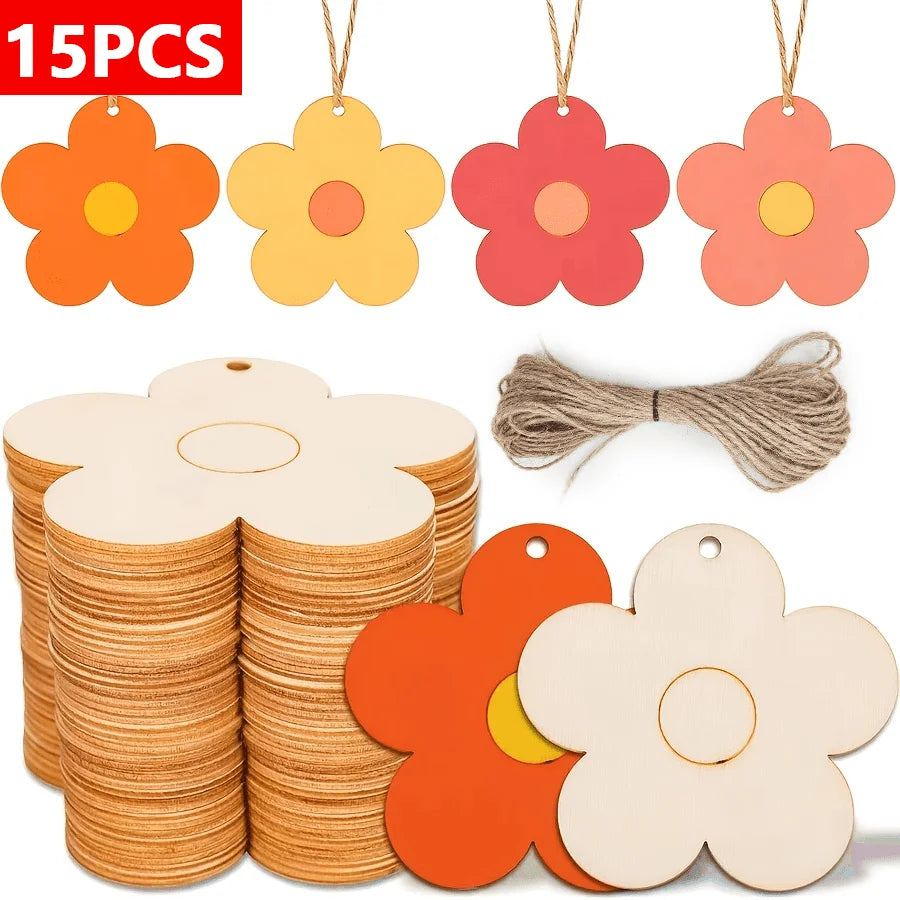 15/30PCS Wooden Carved Flowers with Hemp Rope DIY Handmade Decorations for Home Birthday Wedding Party Garden Summer Theme Famil