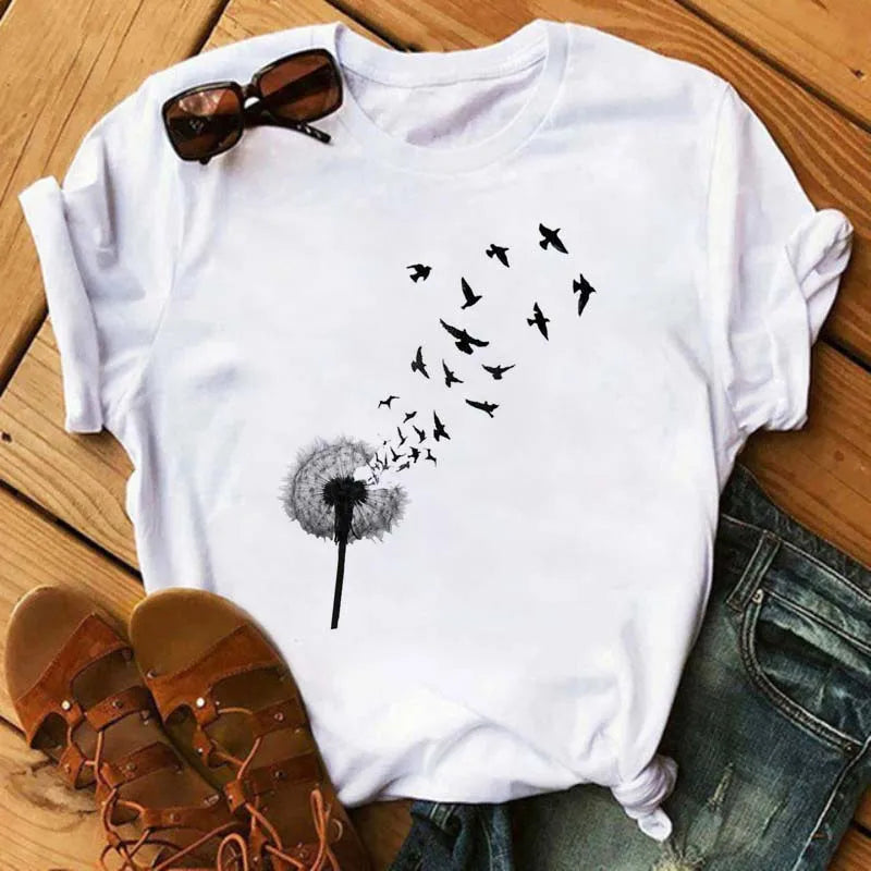 Women's Simple T-shirt Half Sleeve Colorful Flower Butterfly Art Feather Print Short Sleeve T-shirt Tops  Oversized T Shirt