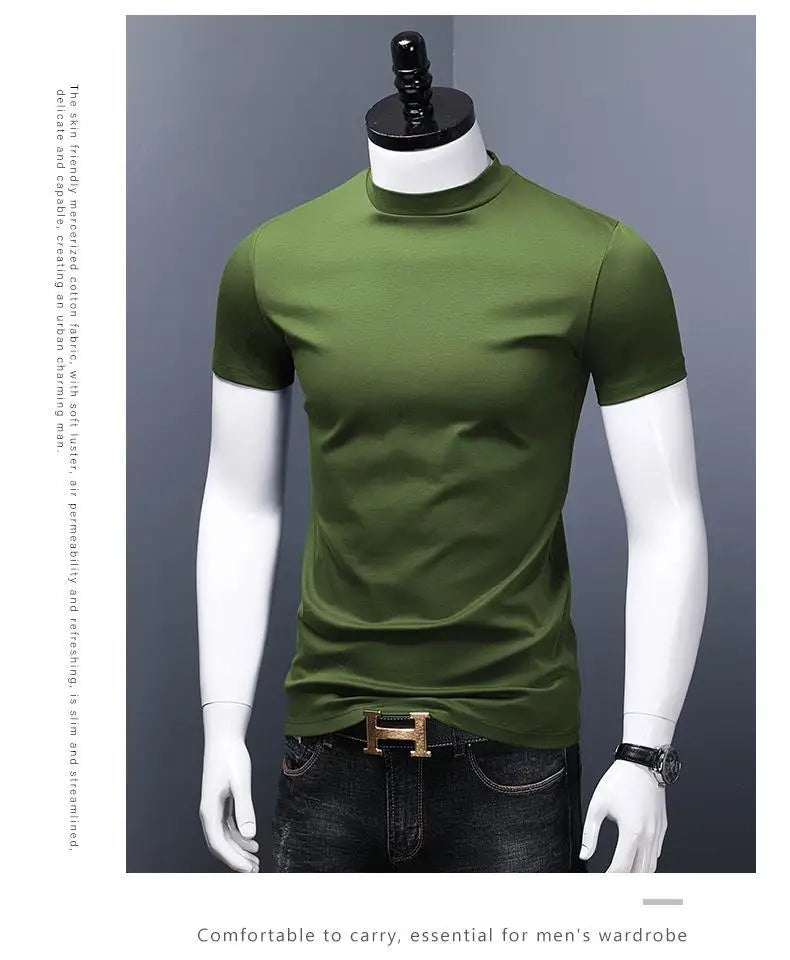 Men's Casual Turtleneck T-Shirts Short Sleeve Solid Slim Fit Silk High Neck Tops Inner Wear Trendy Round Neck Base Layer Shirt