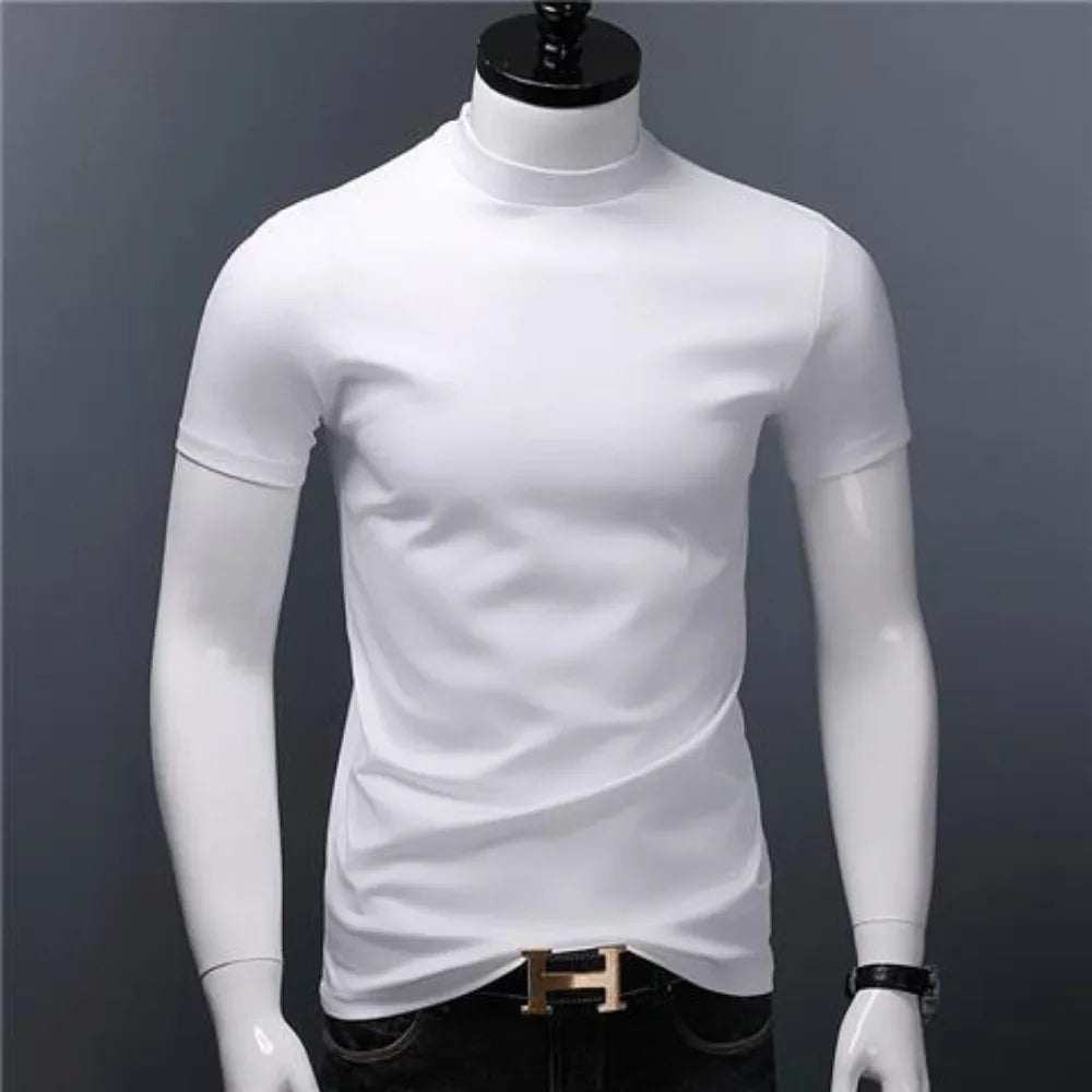 Men's Casual Turtleneck T-Shirts Short Sleeve Solid Slim Fit Silk High Neck Tops Inner Wear Trendy Round Neck Base Layer Shirt