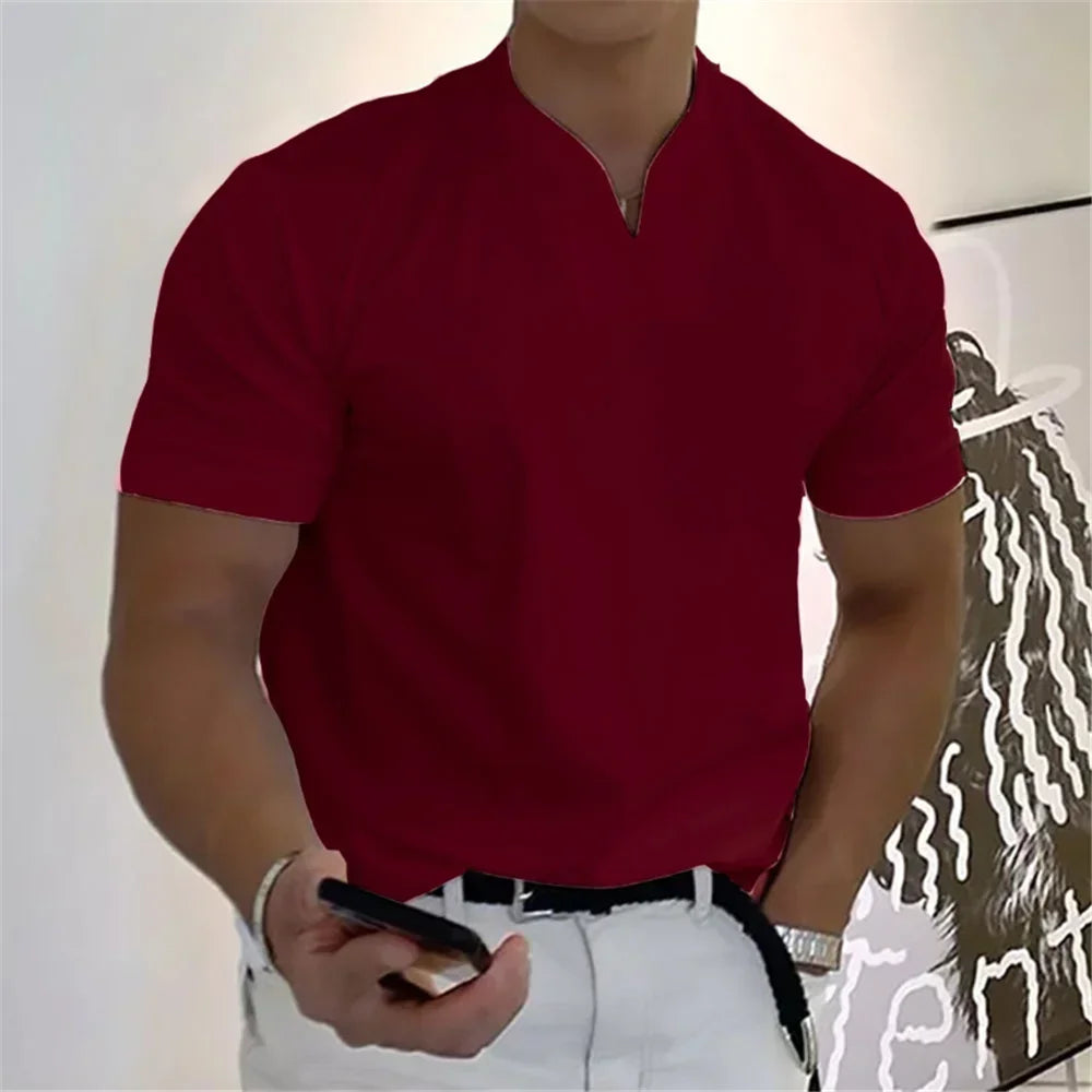 2026 Summer New Men Fashion Trend T-shirt Short Sleeve V-neck Top Elastic Cotton Fitness Sports Loose Large Size Clothing