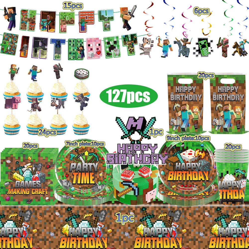Kids Birthday Decoration Disposable Tableware Game Theme Cups Plates Balloons Baby Shower Birthday Party Supplies Gift Toy