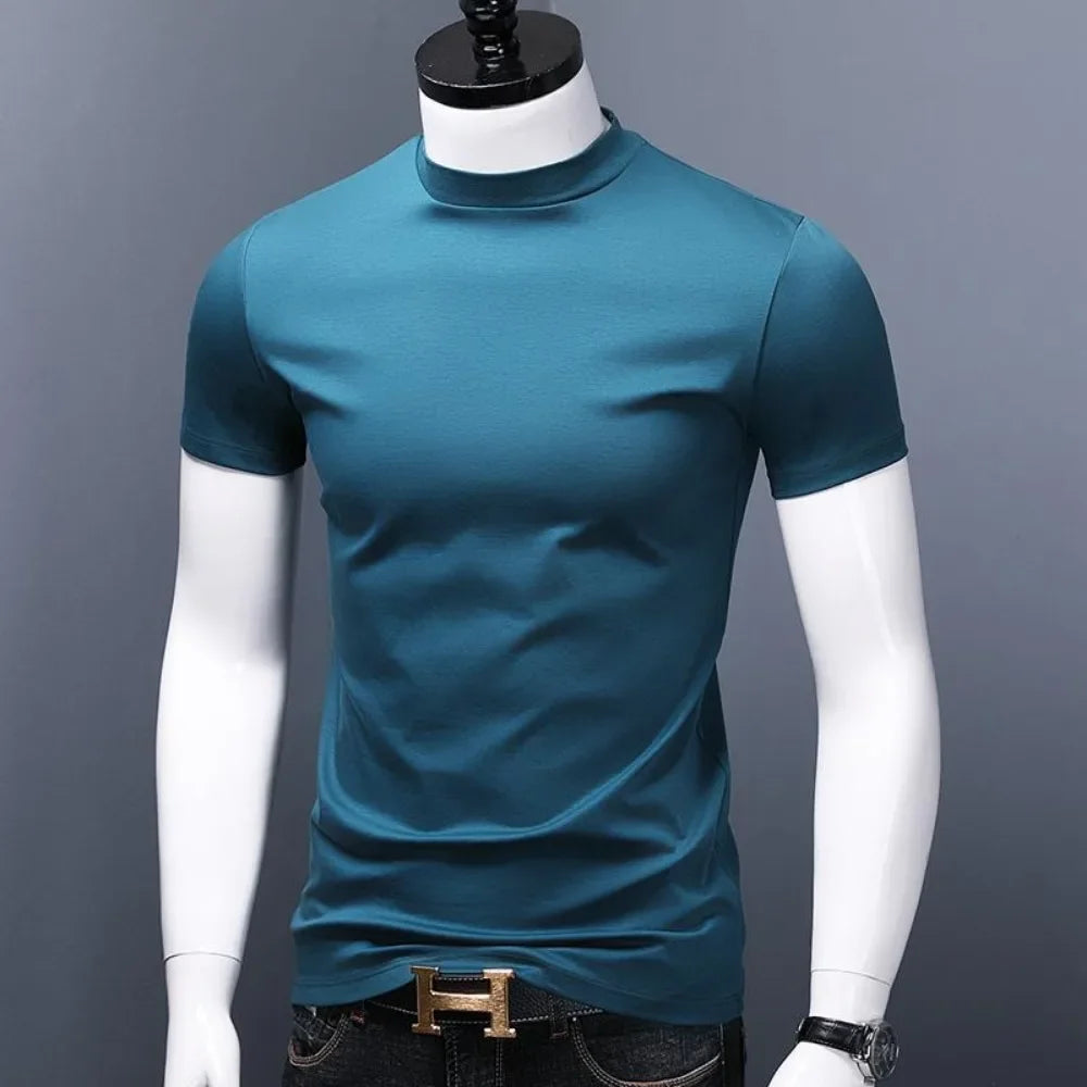 Men's Casual Turtleneck T-Shirts Short Sleeve Solid Slim Fit Silk High Neck Tops Inner Wear Trendy Round Neck Base Layer Shirt