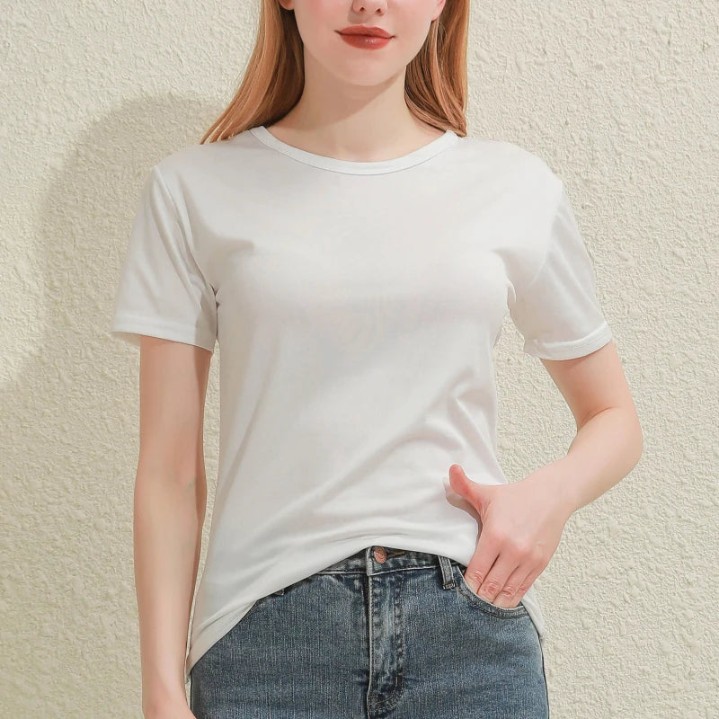 2025 Short T-Shirts Summer Women's Short Sleeve Round Neck Casual Blouse Shirts Solid Color Tops  Black / White