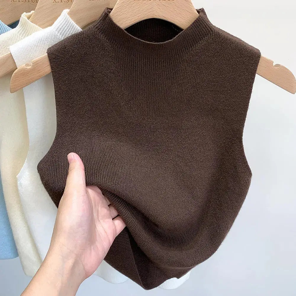 Hot Women's Vest Knitted Tank Top Solid Color Slim Sweater Half-turtleneck Spring Autumn Sleeveless T-Shirt Cropped Top Camisole