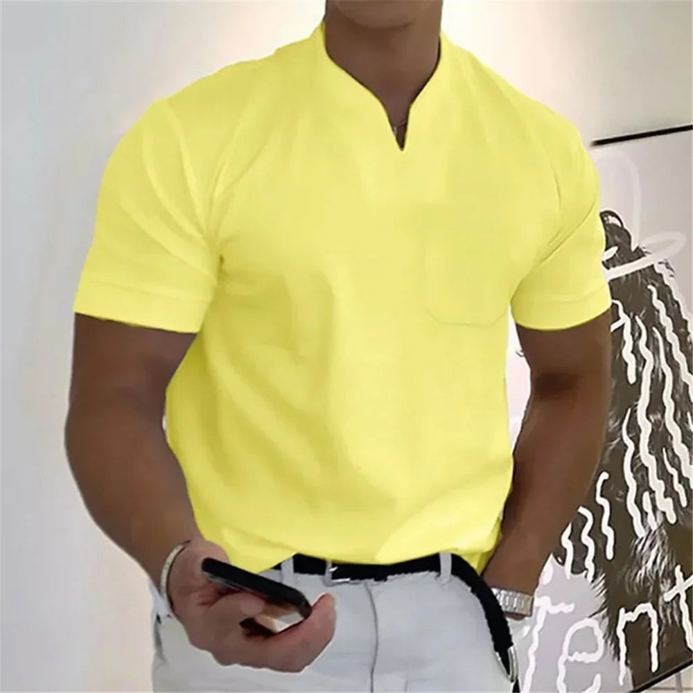 2026 Summer New Men Fashion Trend T-shirt Short Sleeve V-neck Top Elastic Cotton Fitness Sports Loose Large Size Clothing