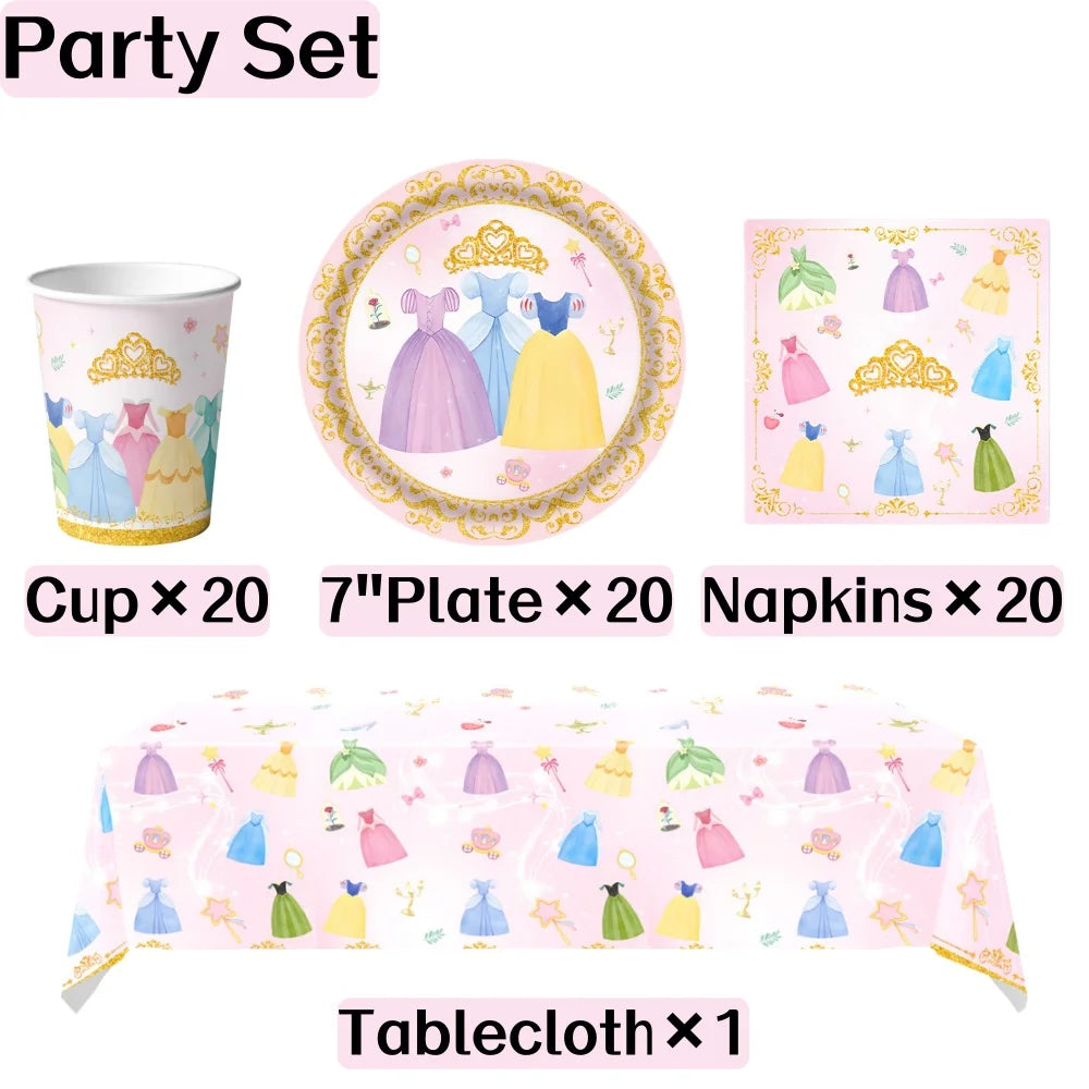 Princess Birthday Party Decorations Kit Paper Cup Plate Napkin Tablecloth  Banner Pink Party Supplies Disposable Dinnerware Set
