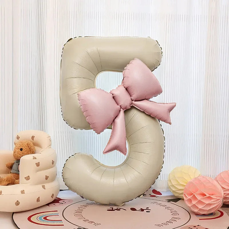 1pc Large Number Pink Foil Balloon With Bow 1 2 3 4 5 6 7 8 9 For Wedding Birthday Party Ballons Jumbo Number Balloon
