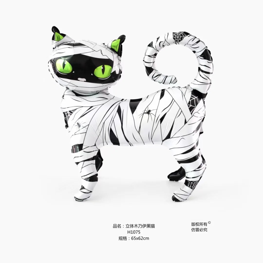Halloween party decoration with black cat, aluminum foil balloons, 4D standing cartoon, green eyed cat, binding cloth design, Gh