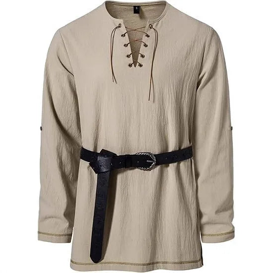 Men's Medieval Lace Up Tunic Shirt Renaissance Viking Pirate Costume Long Sleeve Retro Tops with Belt for Halloween Cosplay