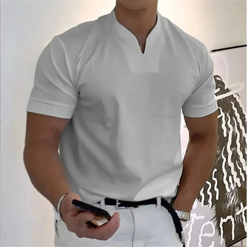 2026 Summer New Men Fashion Trend T-shirt Short Sleeve V-neck Top Elastic Cotton Fitness Sports Loose Large Size Clothing