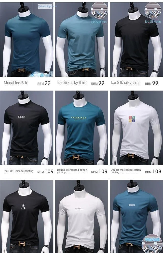 Men's Casual Turtleneck T-Shirts Short Sleeve Solid Slim Fit Silk High Neck Tops Inner Wear Trendy Round Neck Base Layer Shirt