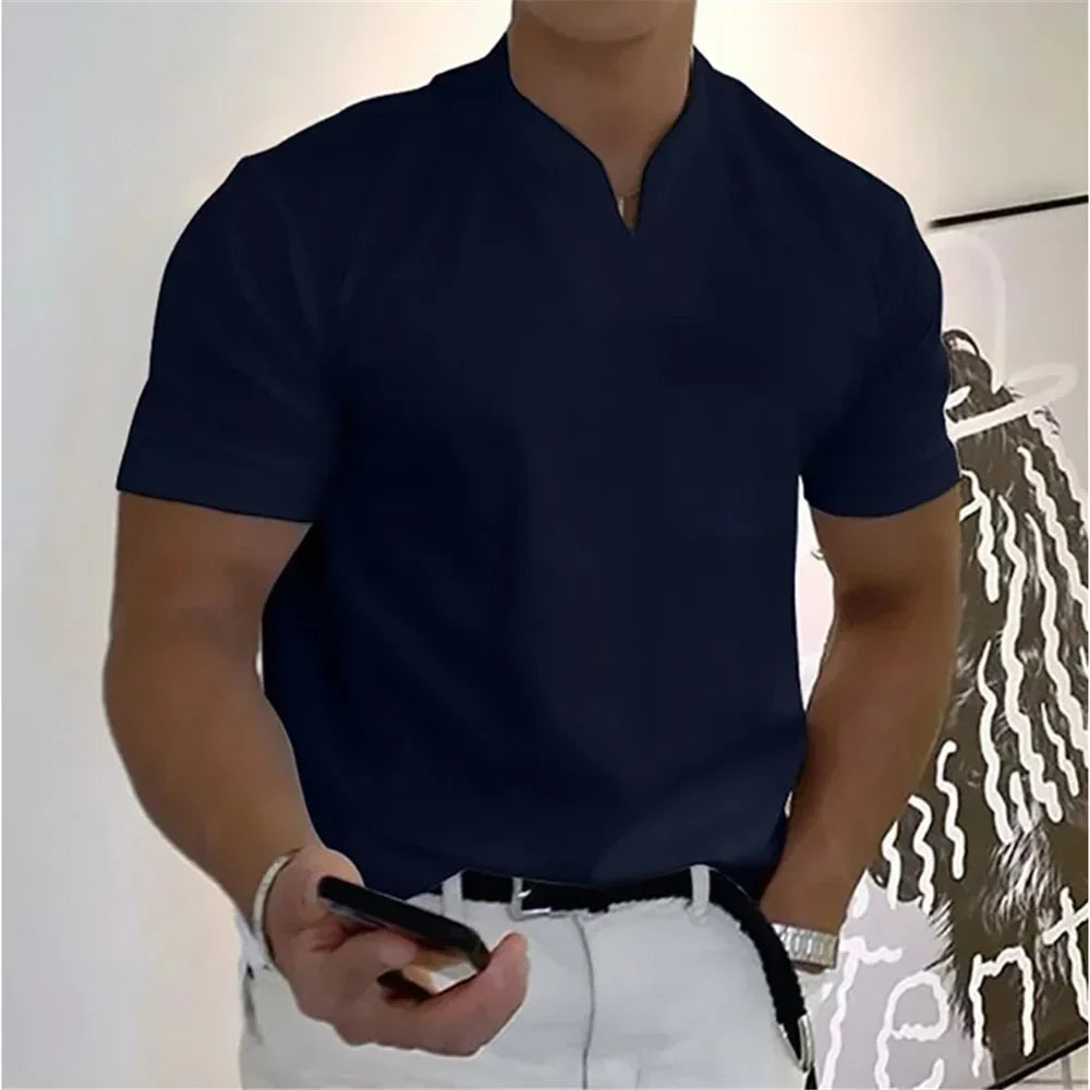 2026 Summer New Men Fashion Trend T-shirt Short Sleeve V-neck Top Elastic Cotton Fitness Sports Loose Large Size Clothing